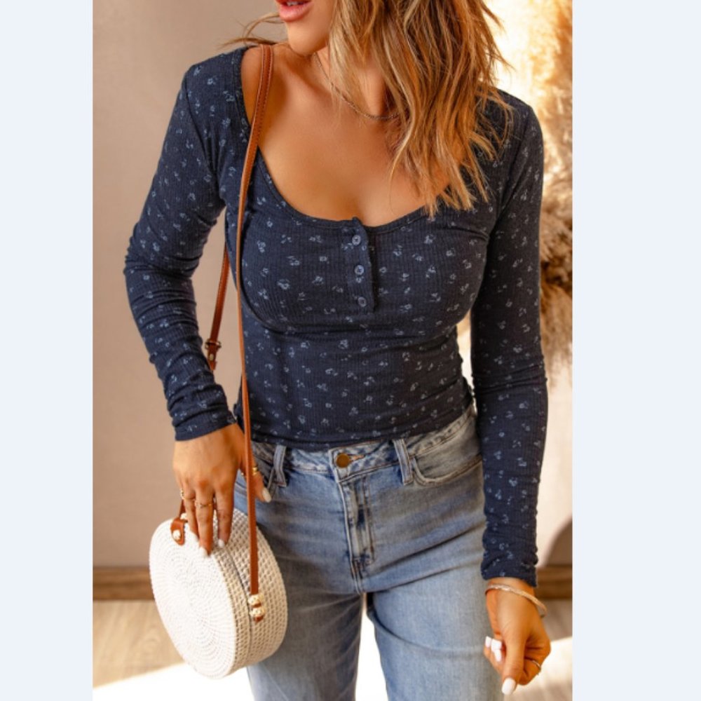 Floral Ribbed Scoop Neck Henley Top